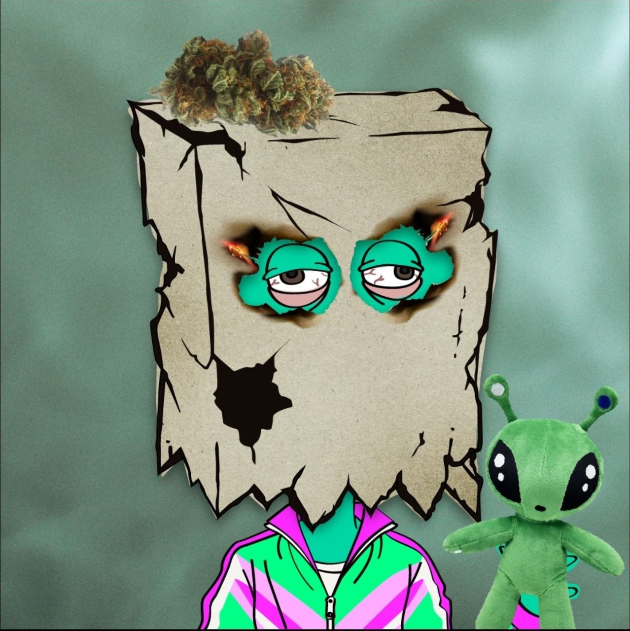 Red-eyed bag head with a weed nug on top, in a windbreaker, next to a green alien plushie