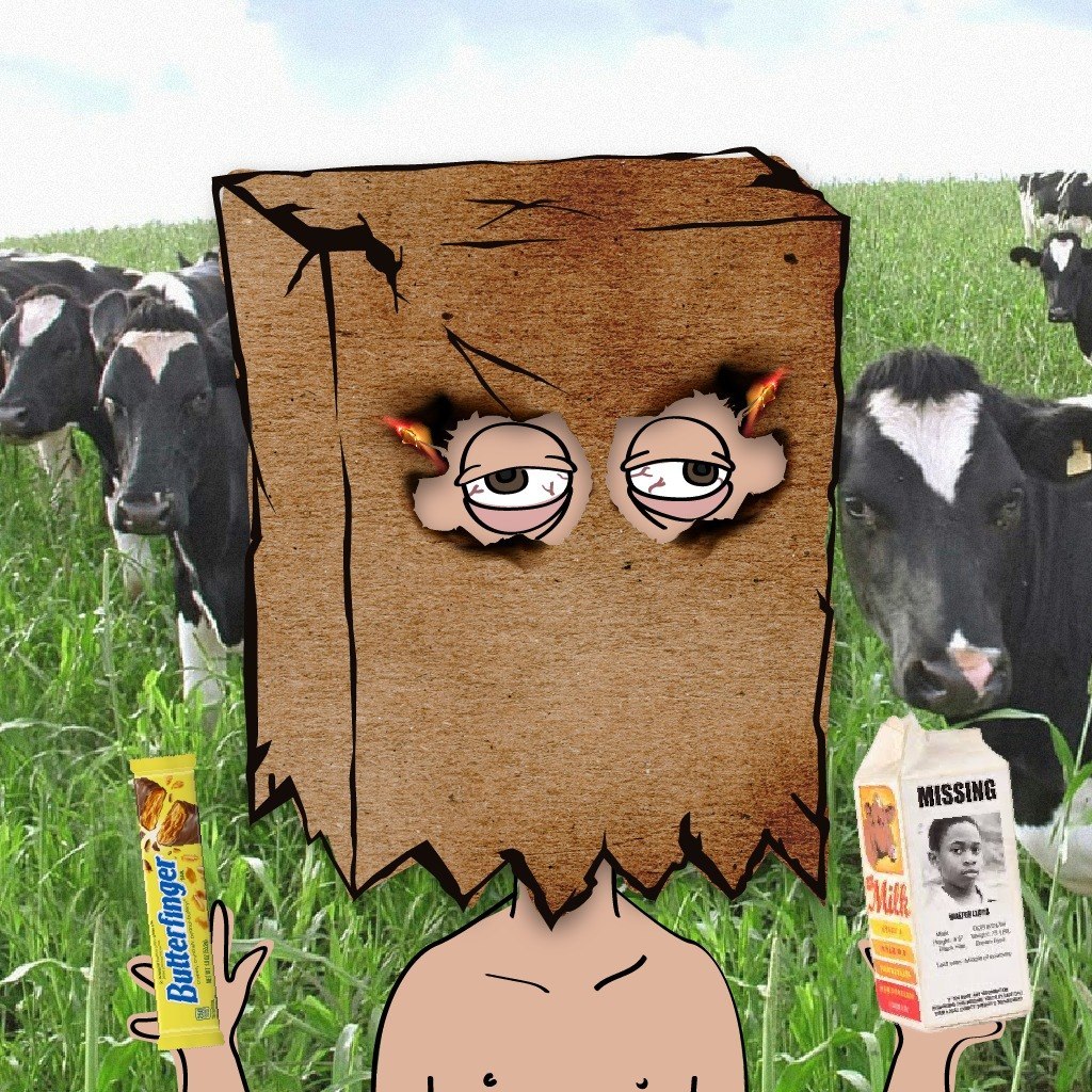Shirtless bag head in a cow pasture holding a Butterfinger and a milk carton with a missing-person notice