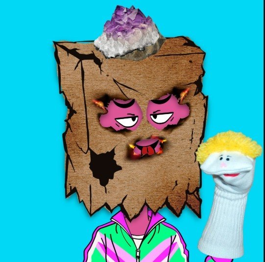 Cardboard bag head with an amethyst crystal on top, next to a blonde sock puppet on a cyan background