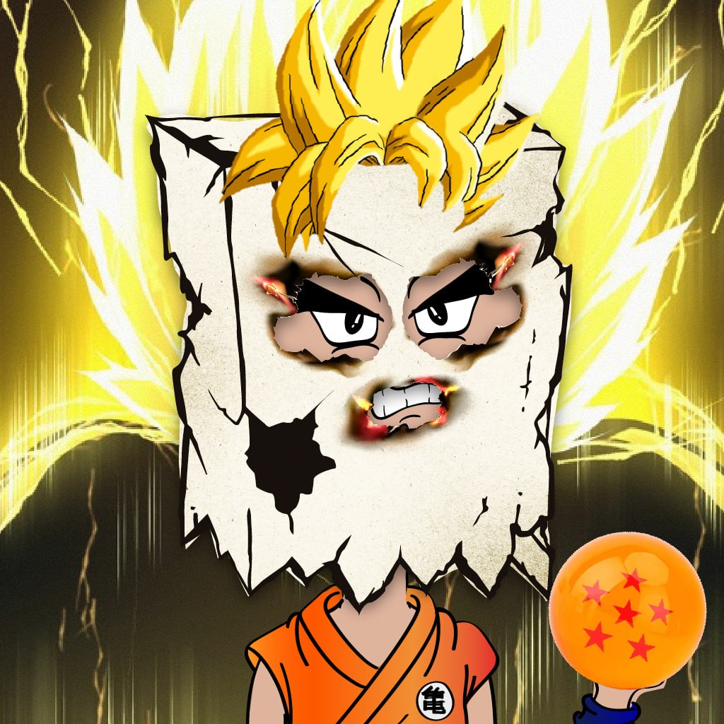 Bag head gone Super Saiyan — golden spiked hair and yellow aura, holding a four-star dragon ball