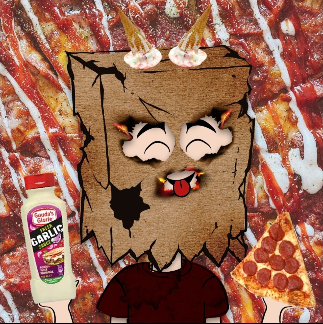 Cardboard bag head with melting ice-cream-cone horns, tongue out, holding garlic sauce and a slice of pepperoni pizza