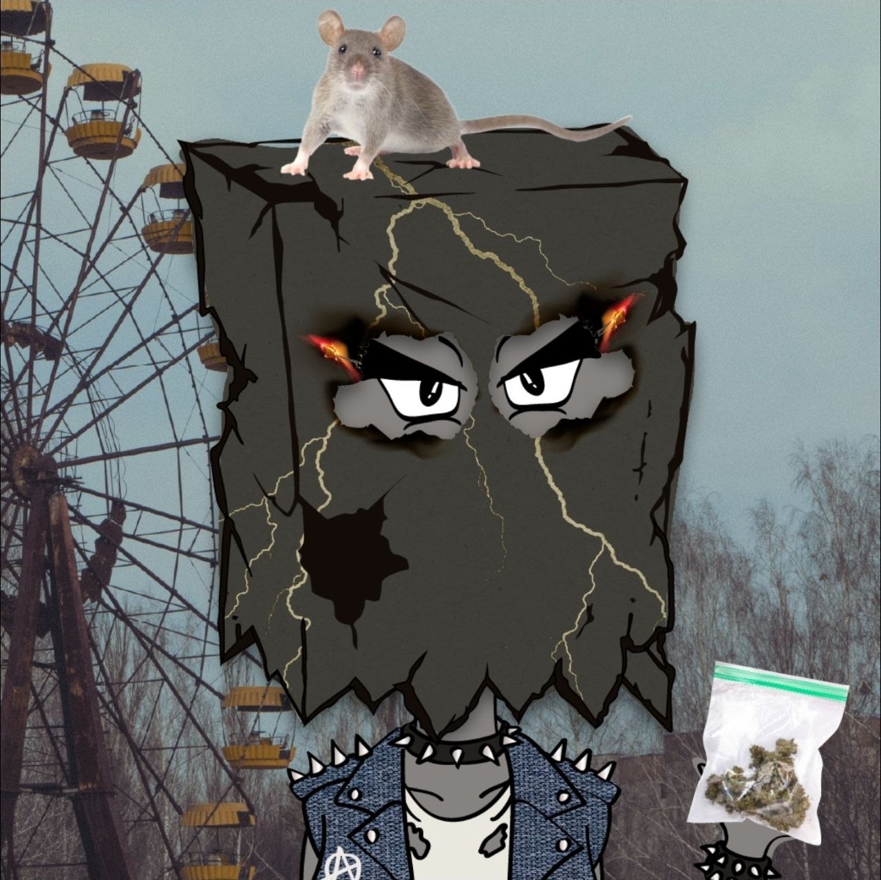 Black bag head with lightning cracks, spiked collar and anarchy battle jacket, a rat on top, at the Chernobyl ferris wheel