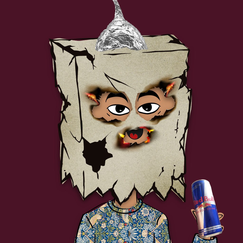 Bag head in a tinfoil hat and floral shirt holding a can of Red Bull